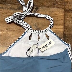 Swimsuit NEW Halter Top adjustable Blue & White lined Aimage small